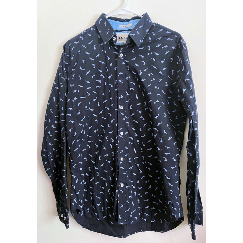 Express • Navy and Blue Shark Fitted Button Down Shirt